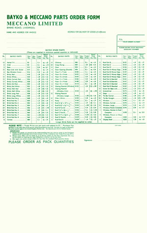 BAYKO Spare Parts Re-order Sheet 1967 - Green version